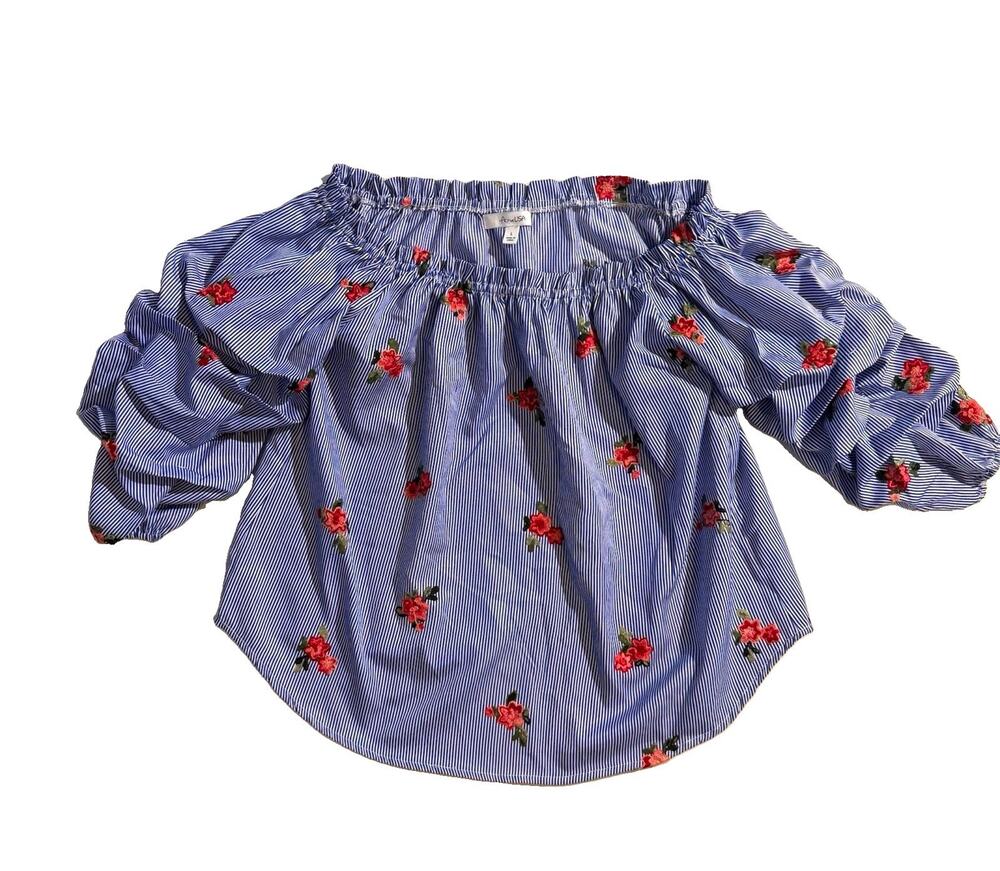 Active USA Off-Shoulder Striped Embroidered Peasant Blouse Women’s L 3/4